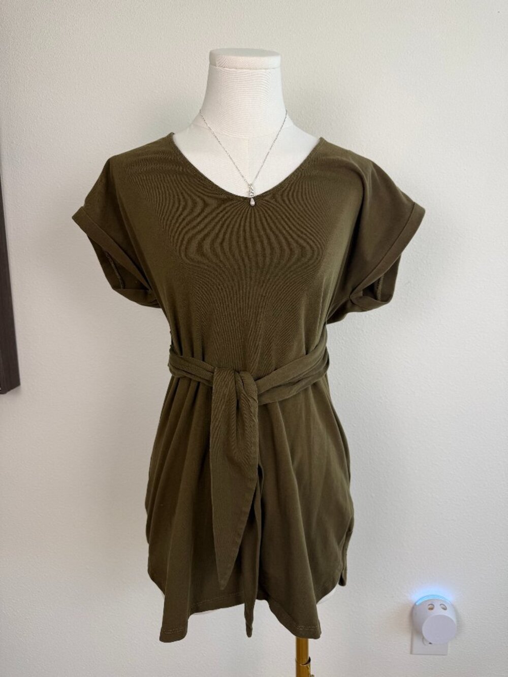 H&M Olive Green Tie Waist Scoop Neck T-Shirt Dress Casual